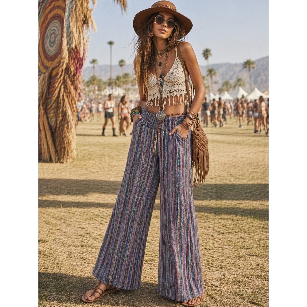 Y2K Boho Wide Leg Rainbow Striped Textured Pants XS Indie Festival Earthy Artsy - Picture 1 of 7